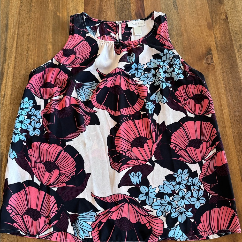 LOFT Sleeveless Top with Pink and Blue Floral Design